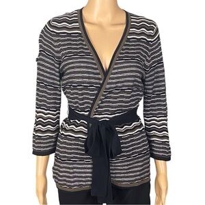BCBGMAXAZRIA black brown white striped wrap sweater with tie belt Medium EUC